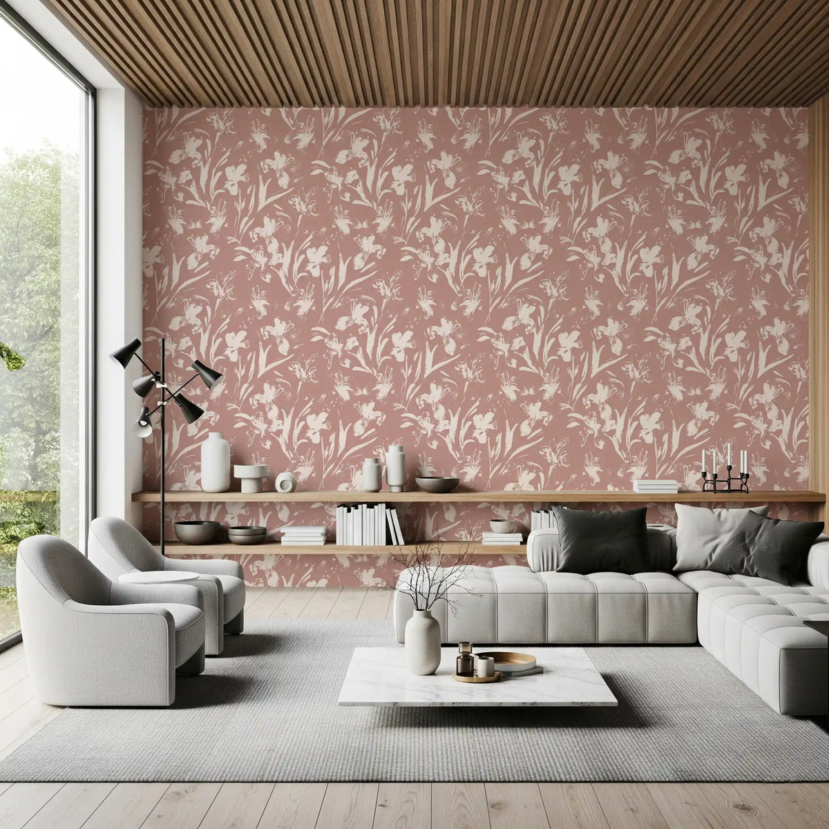 Living room warms up under cream lilies scattered across earthy floral wallpaper GD11626
