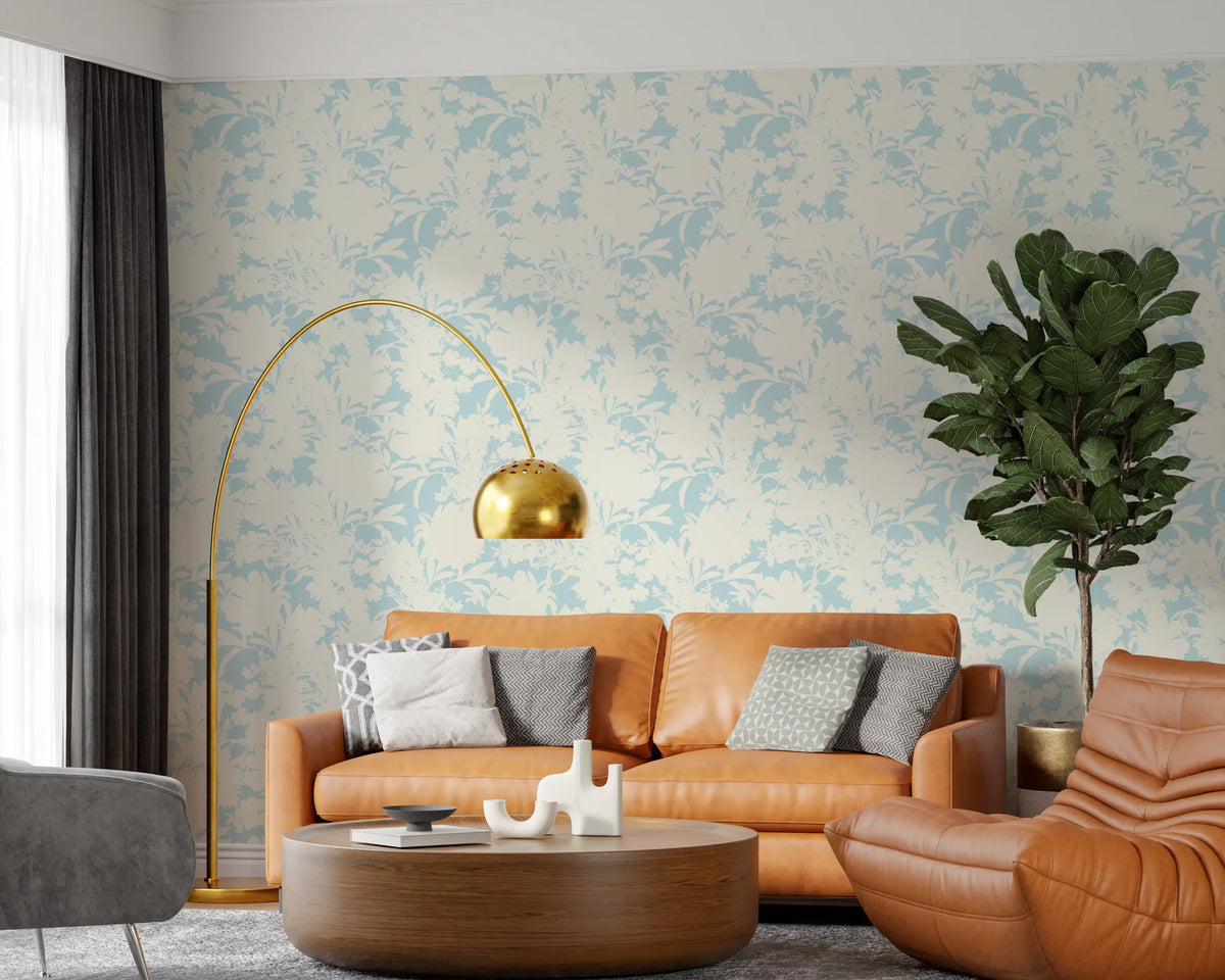 Living room dressed in the airy cream and blue garden repeat wallpaper GD11629
