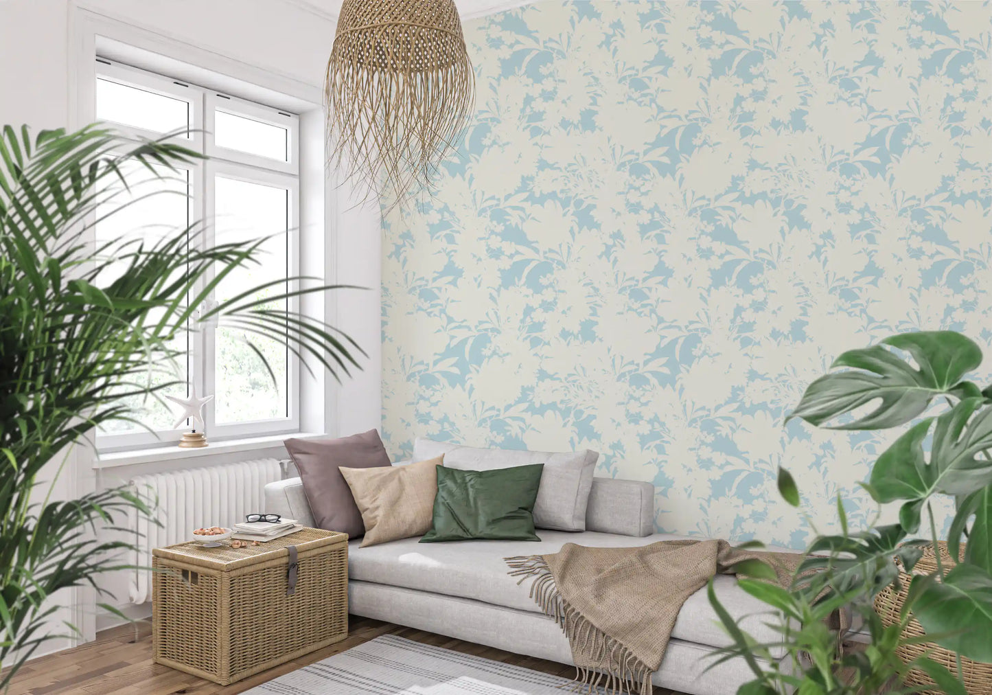 Airy Cream and Blue Garden Repeat Wallpaper⁠