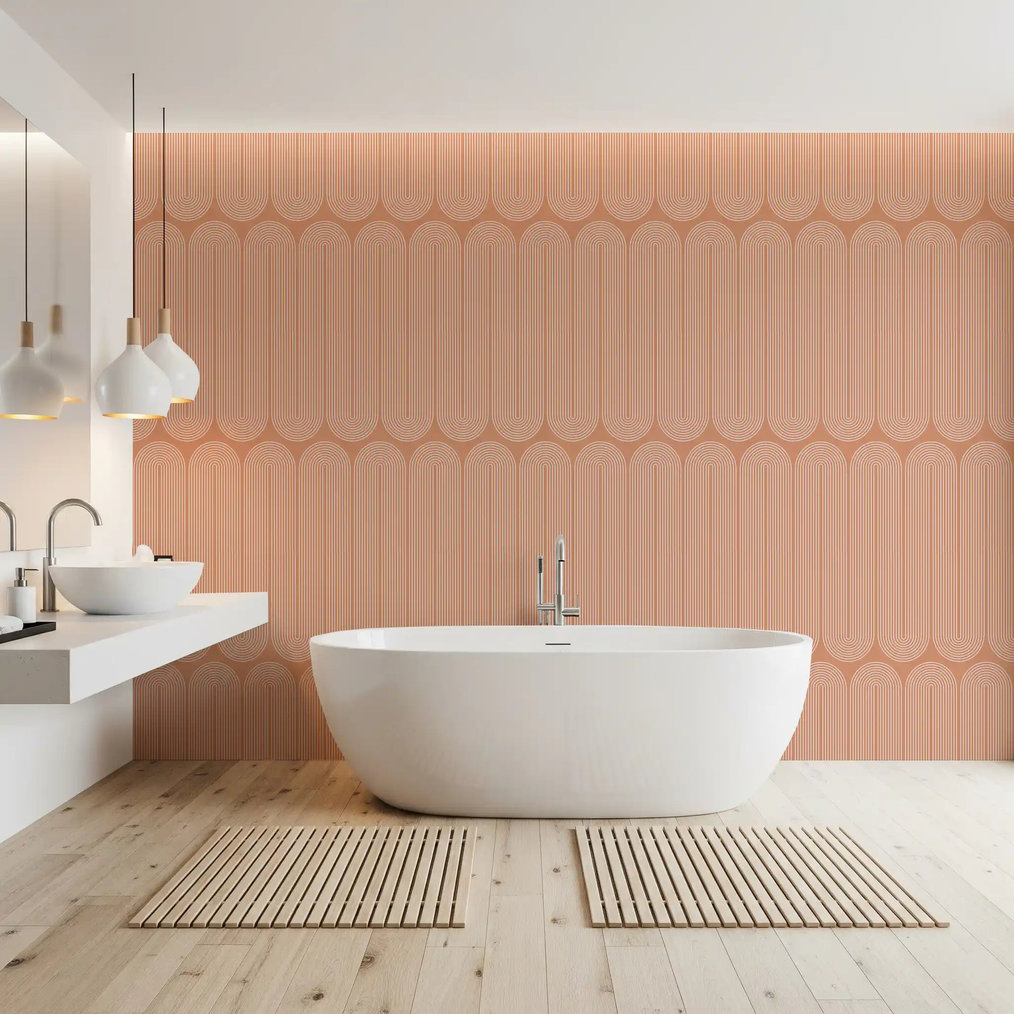 White arches climb a bathroom in this Minimalist Terracotta Arc wallpaper GD11633
