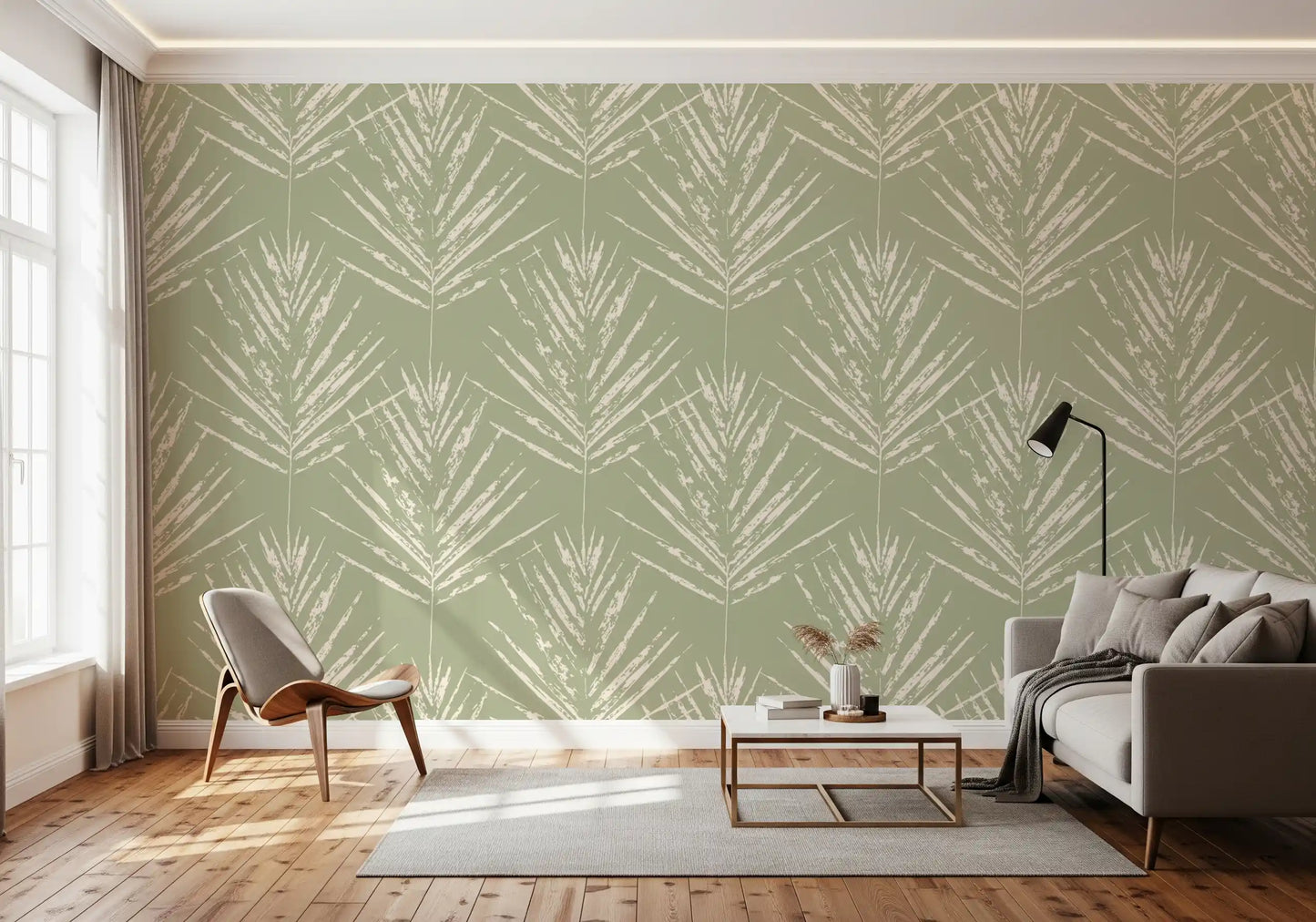 Muted Green Leaf Sketch Wallpaper⁠