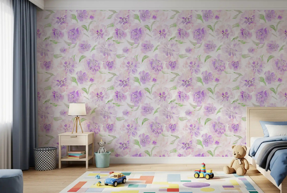 Painterly purple blooms wrap a kids' room in this Lavender Brushstroke wallpaper GD11643
