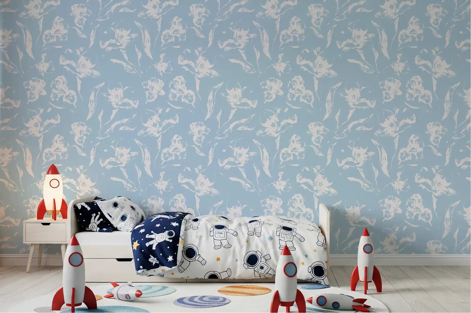 Azure botanical wallpaper sets a calm mood in a boys' room, GD11646
