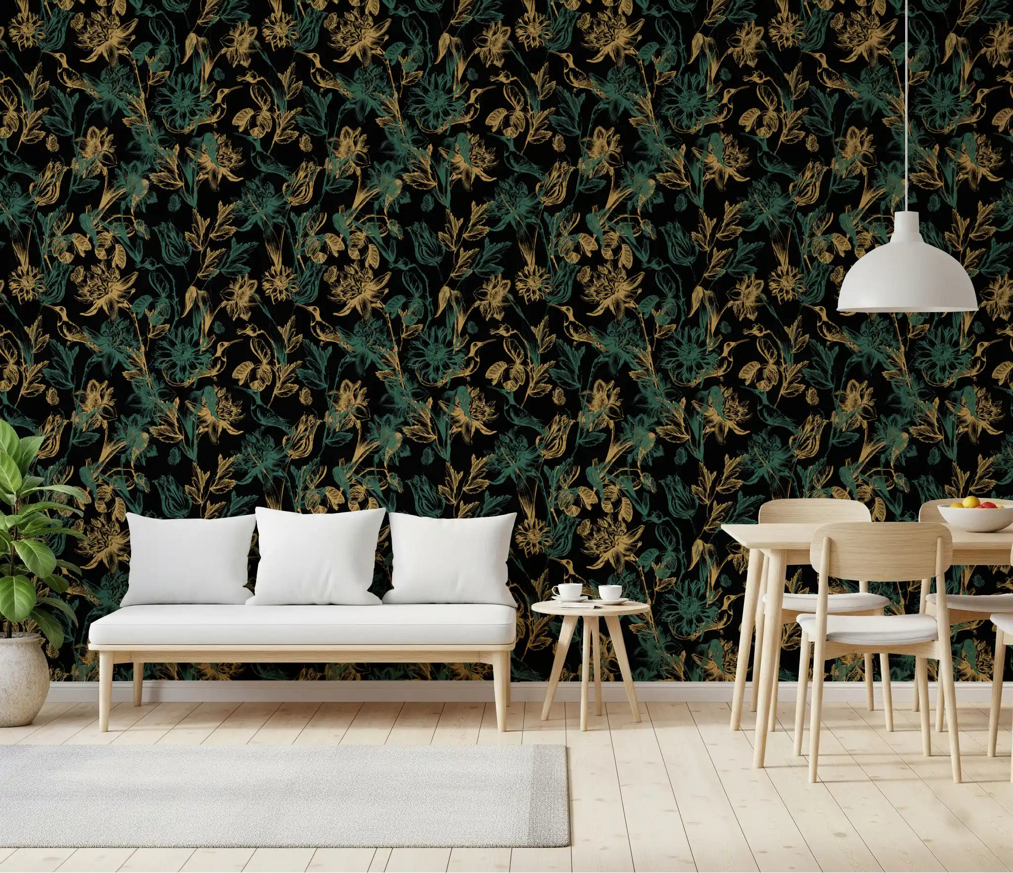 Gold blooms warm a Dining room across this foliage wallpaper GD11654
