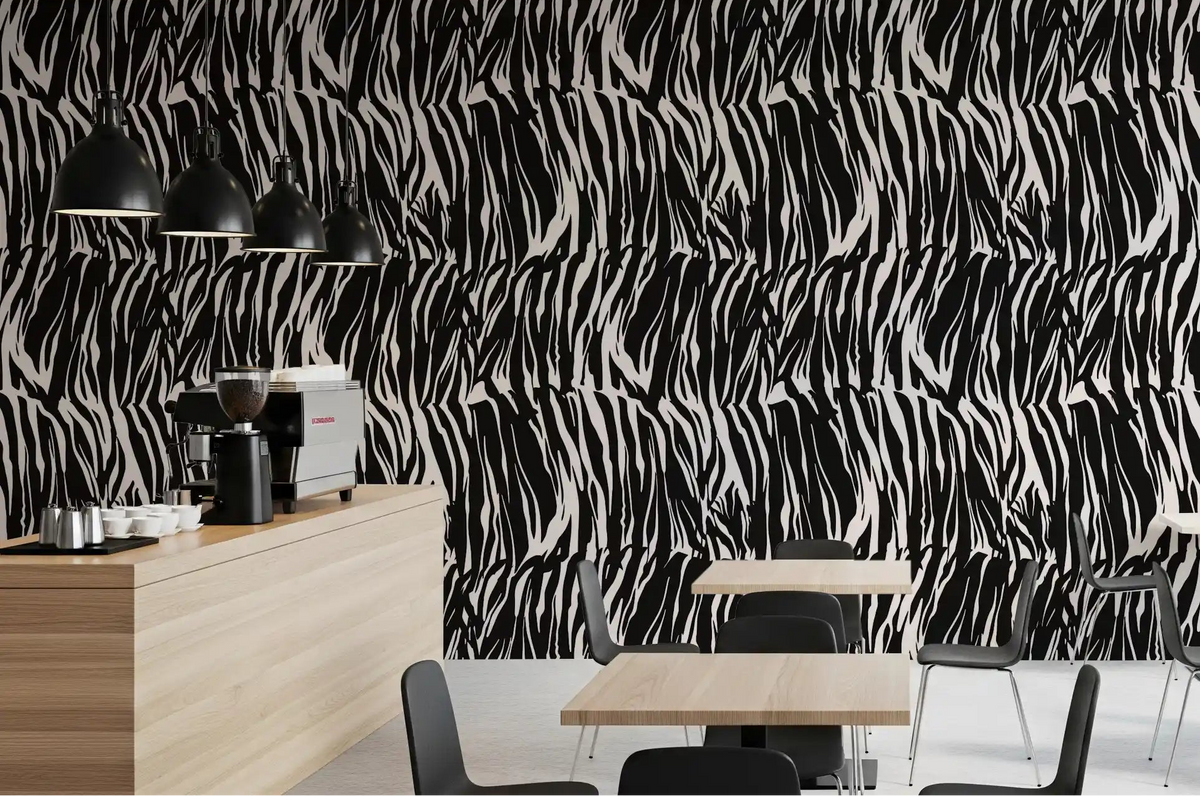Striped black and cream zebra wallpaper wraps a cafe in bold movement GD11655
