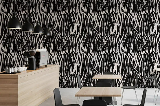 Striped black and cream zebra wallpaper wraps a cafe in bold movement GD11655
