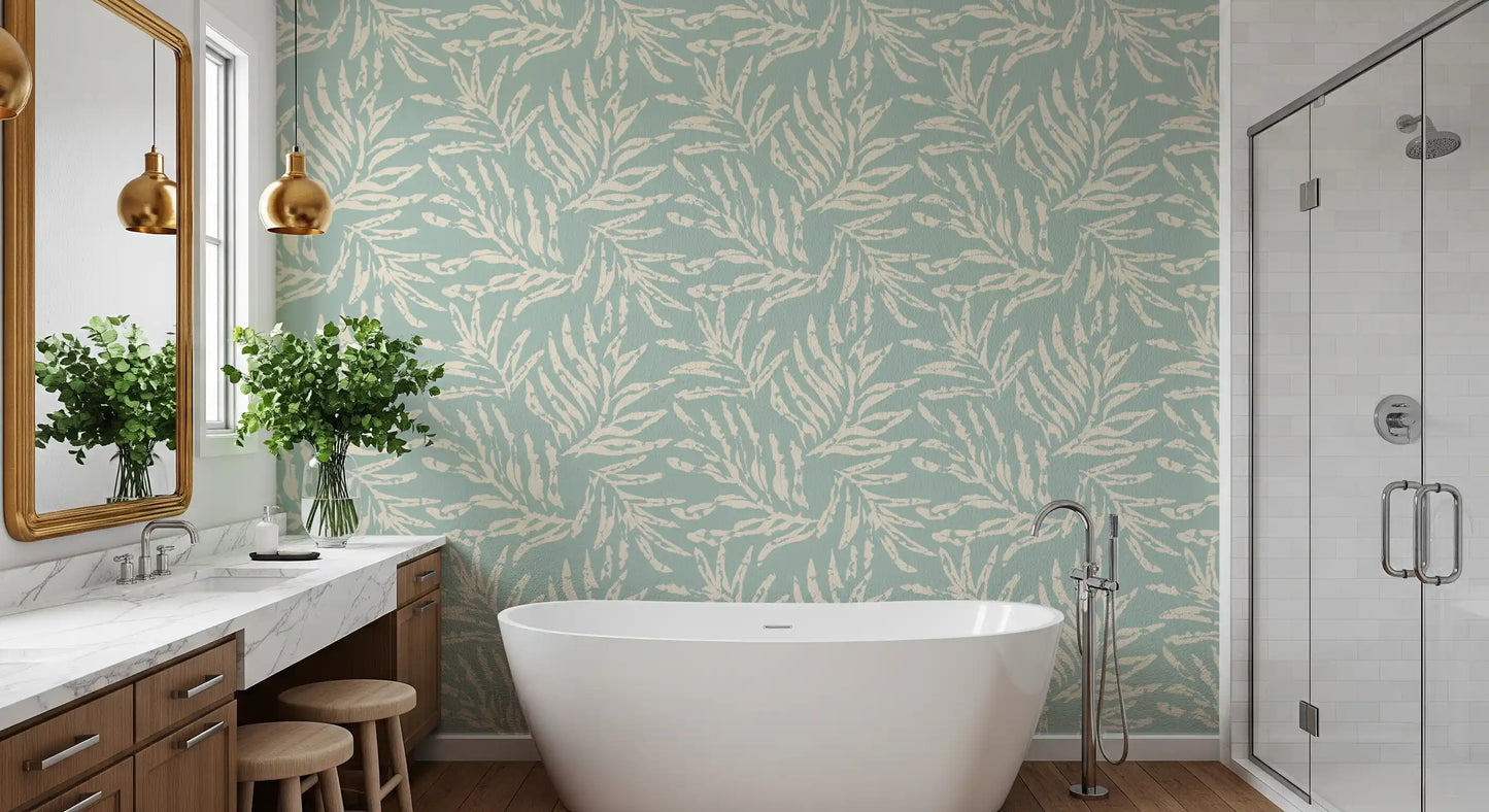 Sage and Cream Palm Frond Impression Wallpaper⁠
