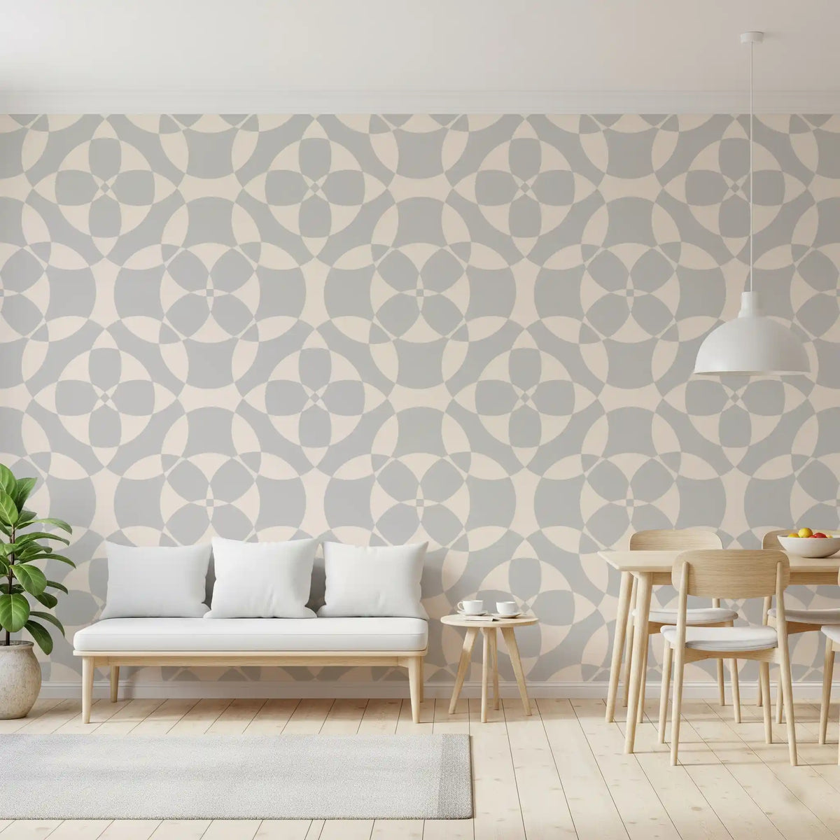 Gray and cream circles pattern the dining room in Geometric Circles wallpaper GD11670
