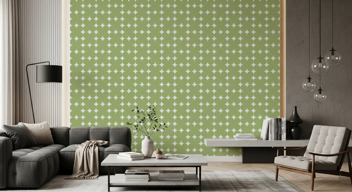 Living room styled in sage geometric clover wallpaper GD11683
