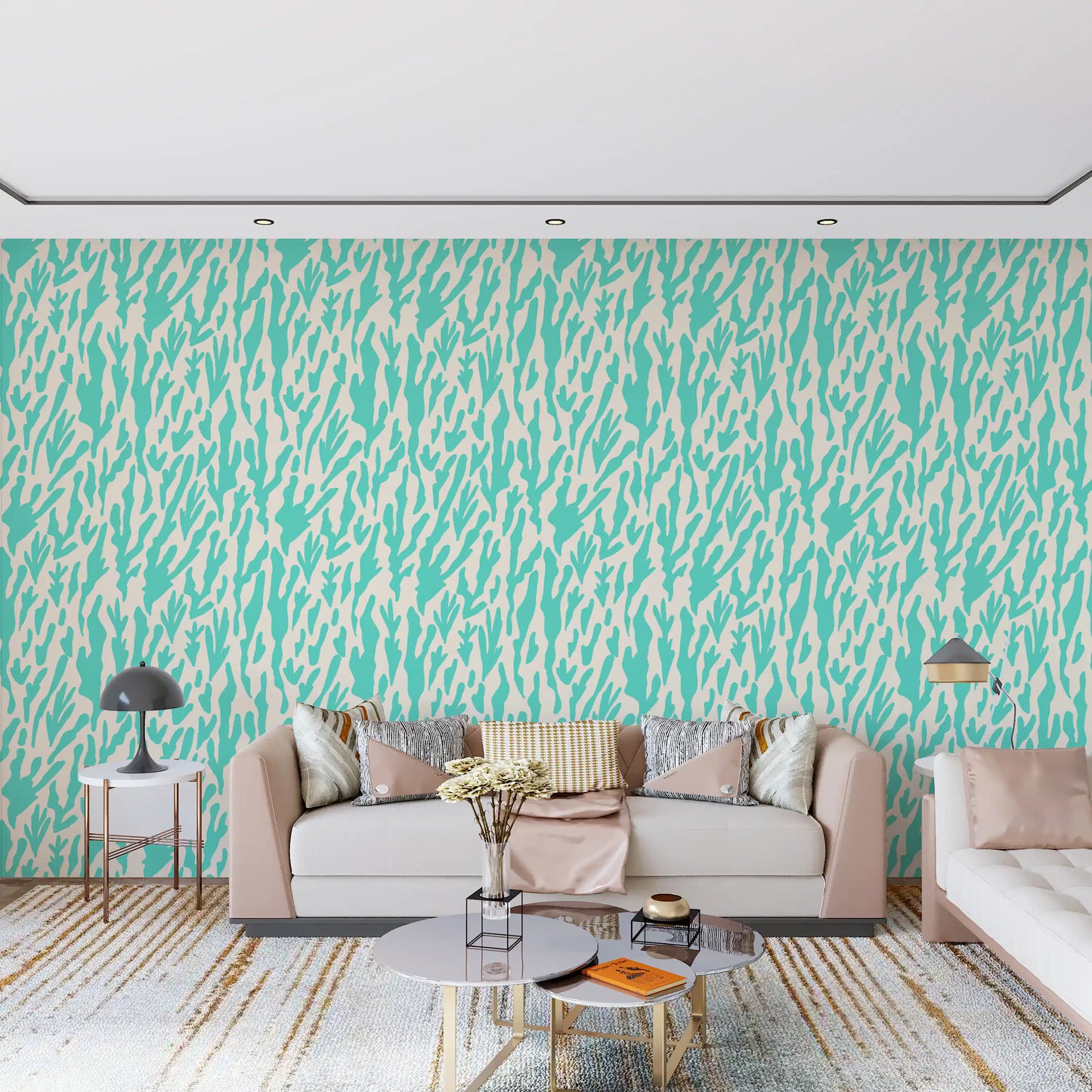 Minimalist Teal Botanical Waves Wallpaper⁠