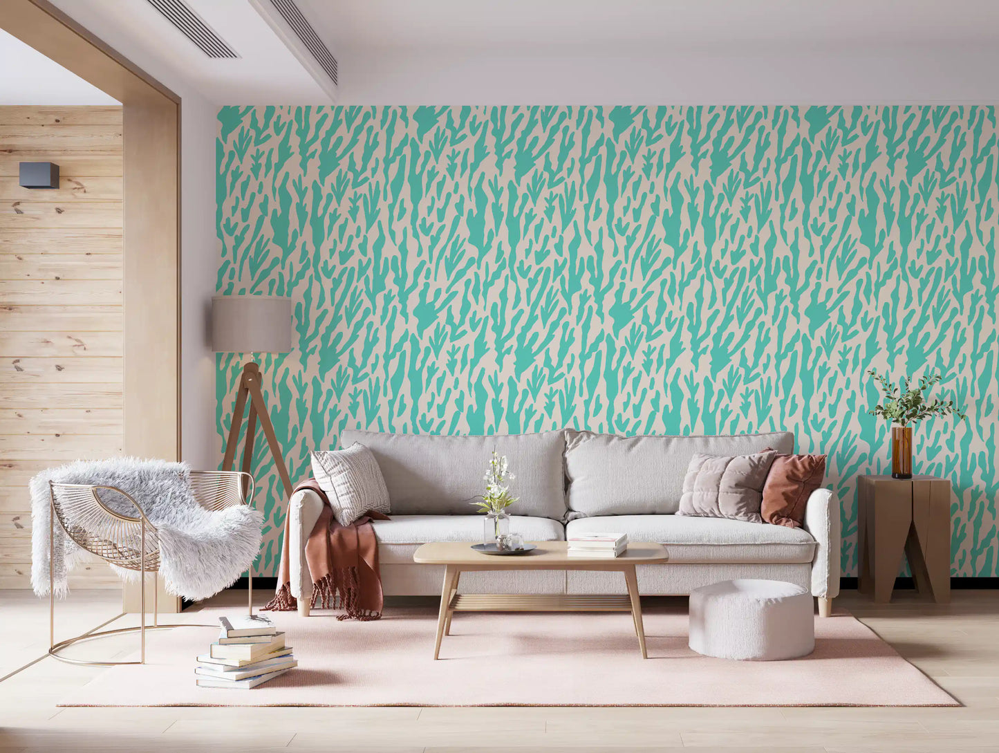 Minimalist Teal Botanical Waves Wallpaper⁠