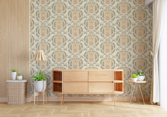 Sage and Blush Damask Botanical Wallpaper⁠