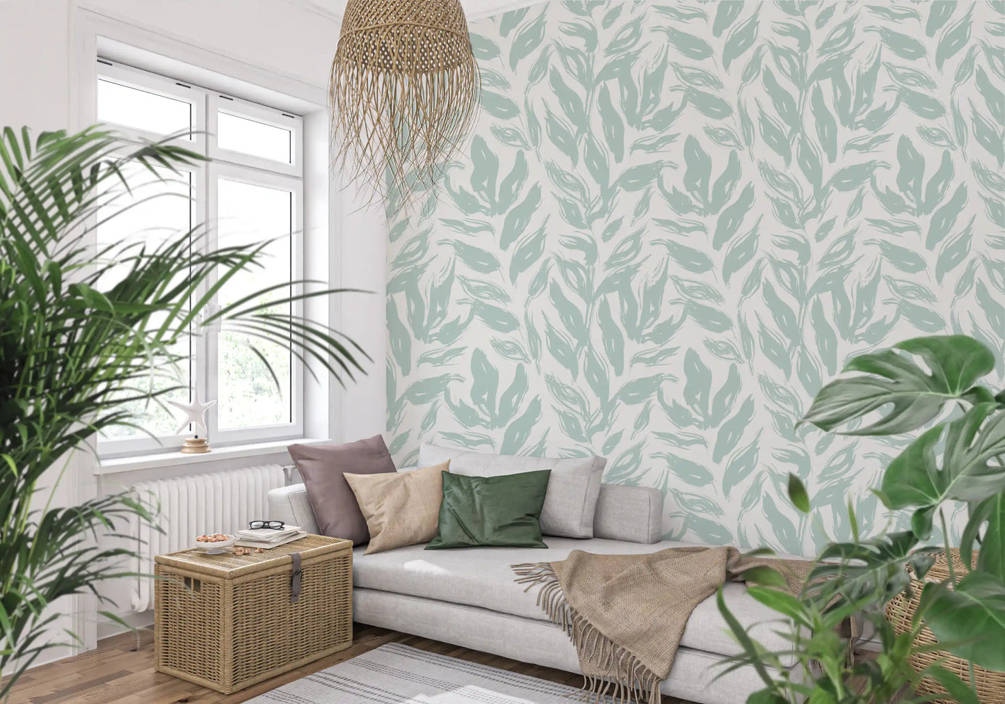 Sage Brushstroke Foliage Motif Wallpaper⁠