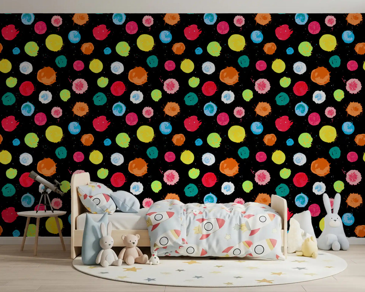 Colourful dots scatter across a fun kids' room in this Splatter wallpaper GD11696

