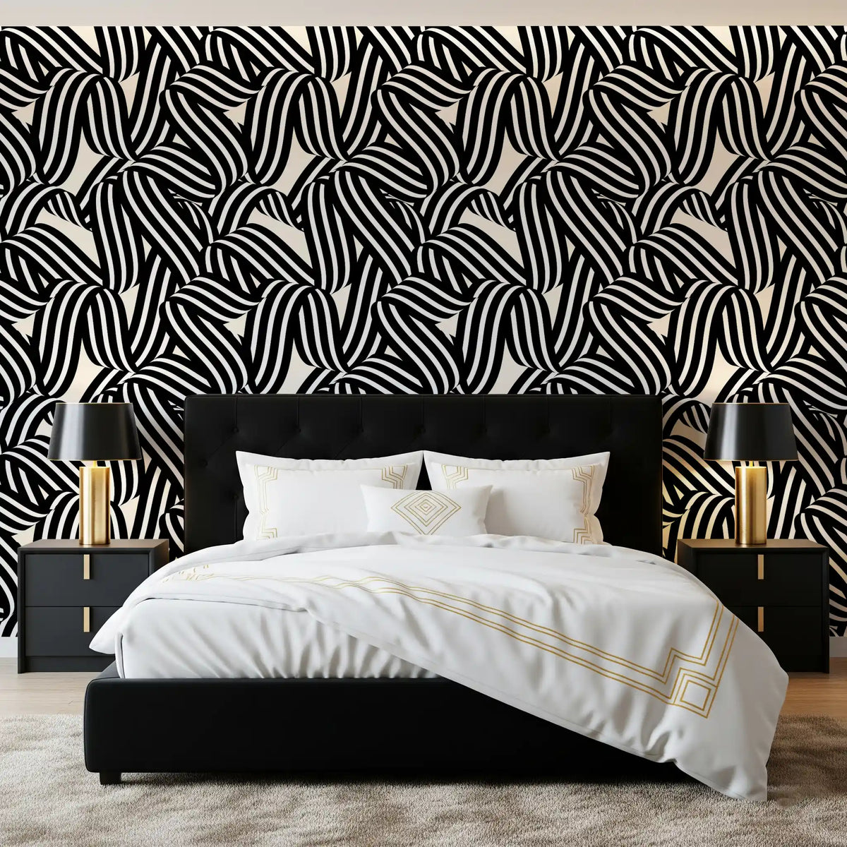 Monochrome ribbon wallpaper warming a bold bedroom GD11698
