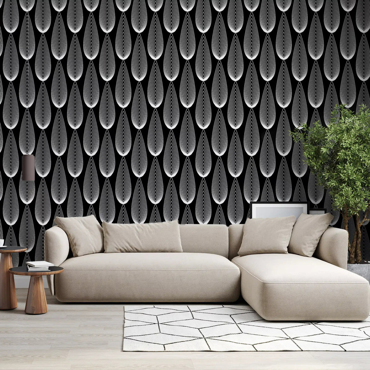 Teardrop lines climb a modern living room in this wallpaper GD11700
