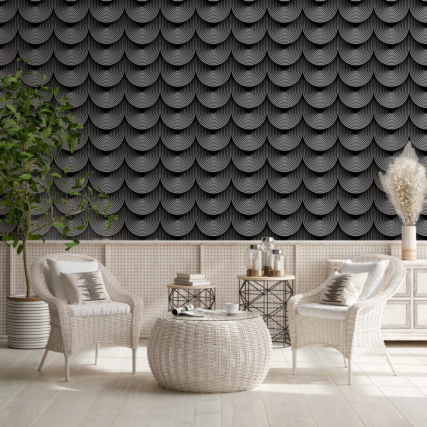 Monochrome Geometric Arc Pattern Wallpaper⁠