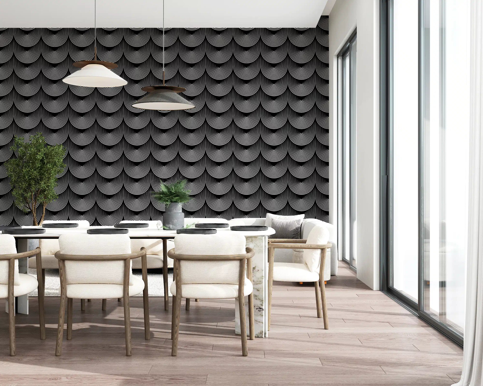 Monochrome Geometric Arc Pattern Wallpaper⁠