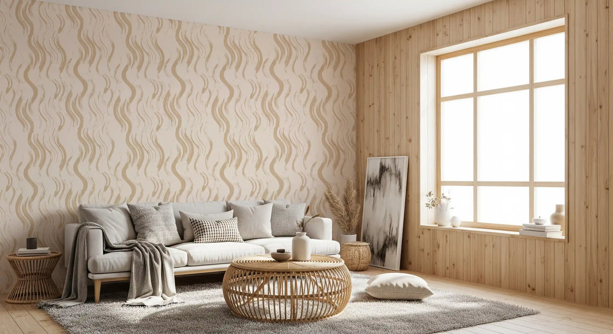 Cream wavy strokes wrap a living room in warm sand tones wallpaper GD11703
