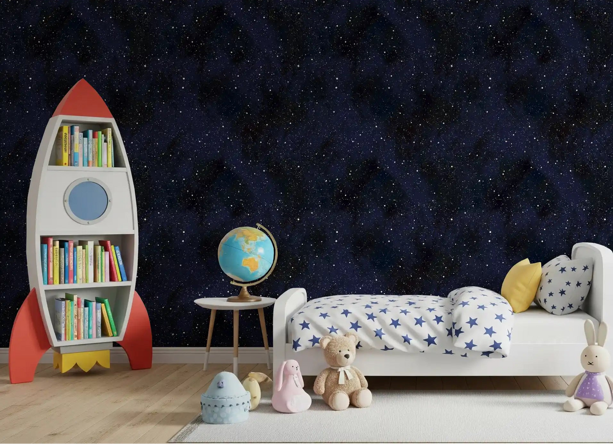 Starry midnight tones calm a kids' room in this Midnight Stardust wallpaper. GD11705
