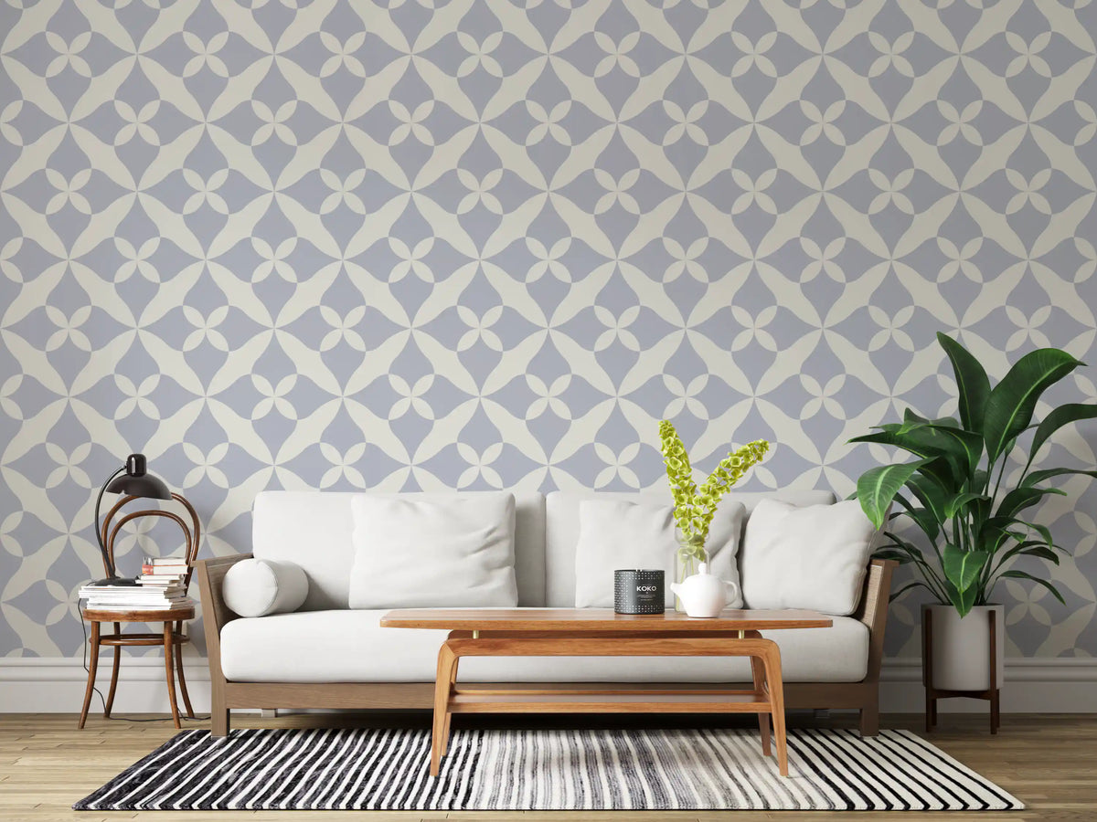 Periwinkle tile pattern gives a living room a calm wallpaper backdrop GD11707
