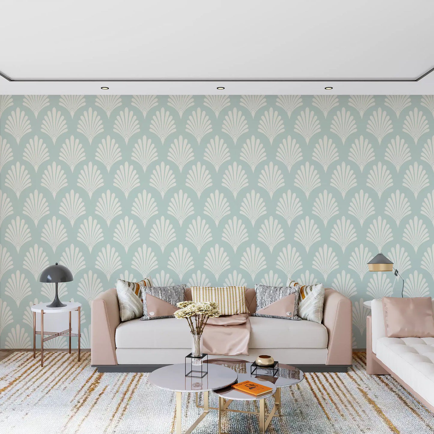 Art Deco Fan Pattern in Sage and Cream Wallpaper⁠