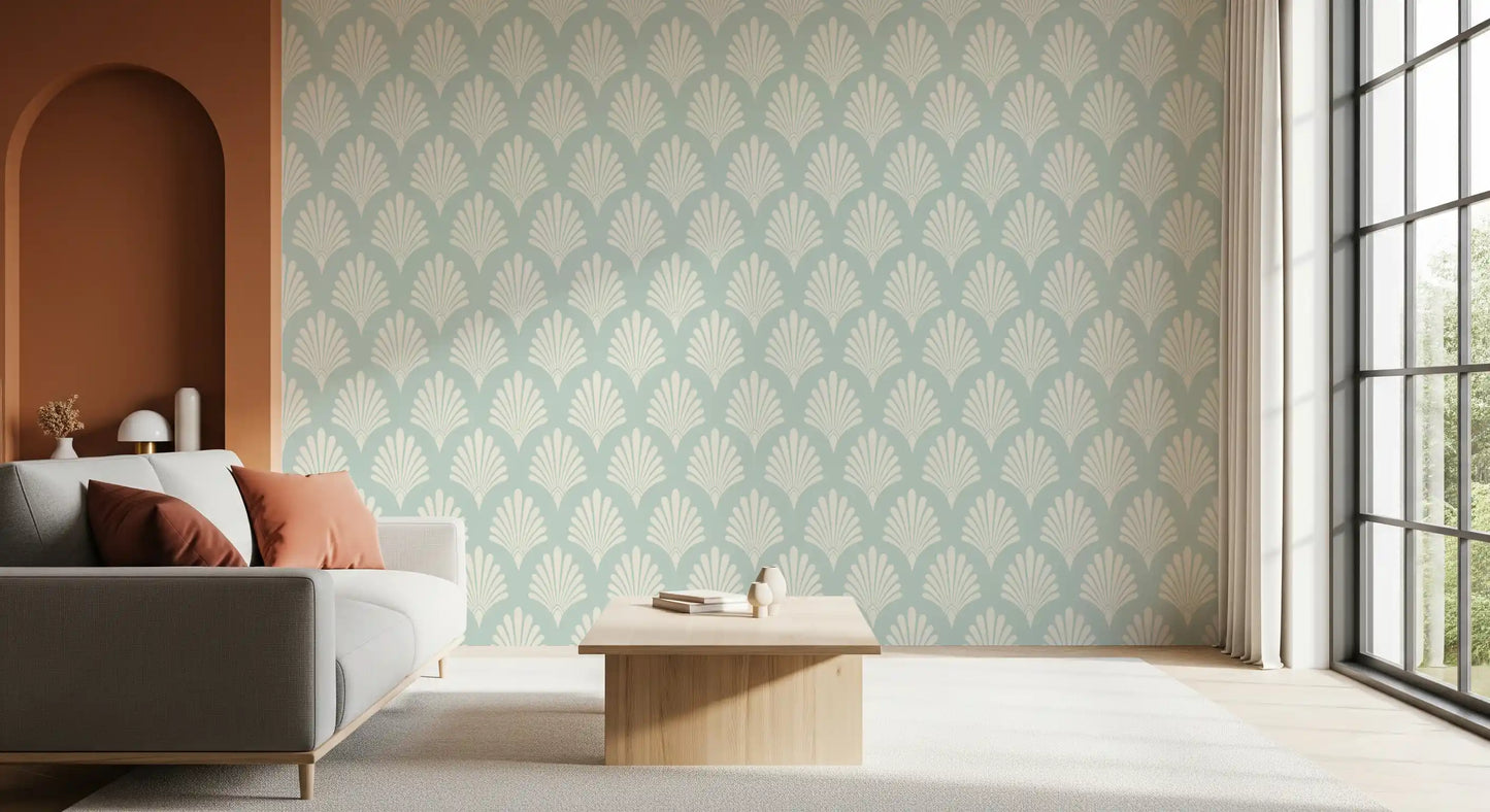 Art Deco Fan Pattern in Sage and Cream Wallpaper⁠