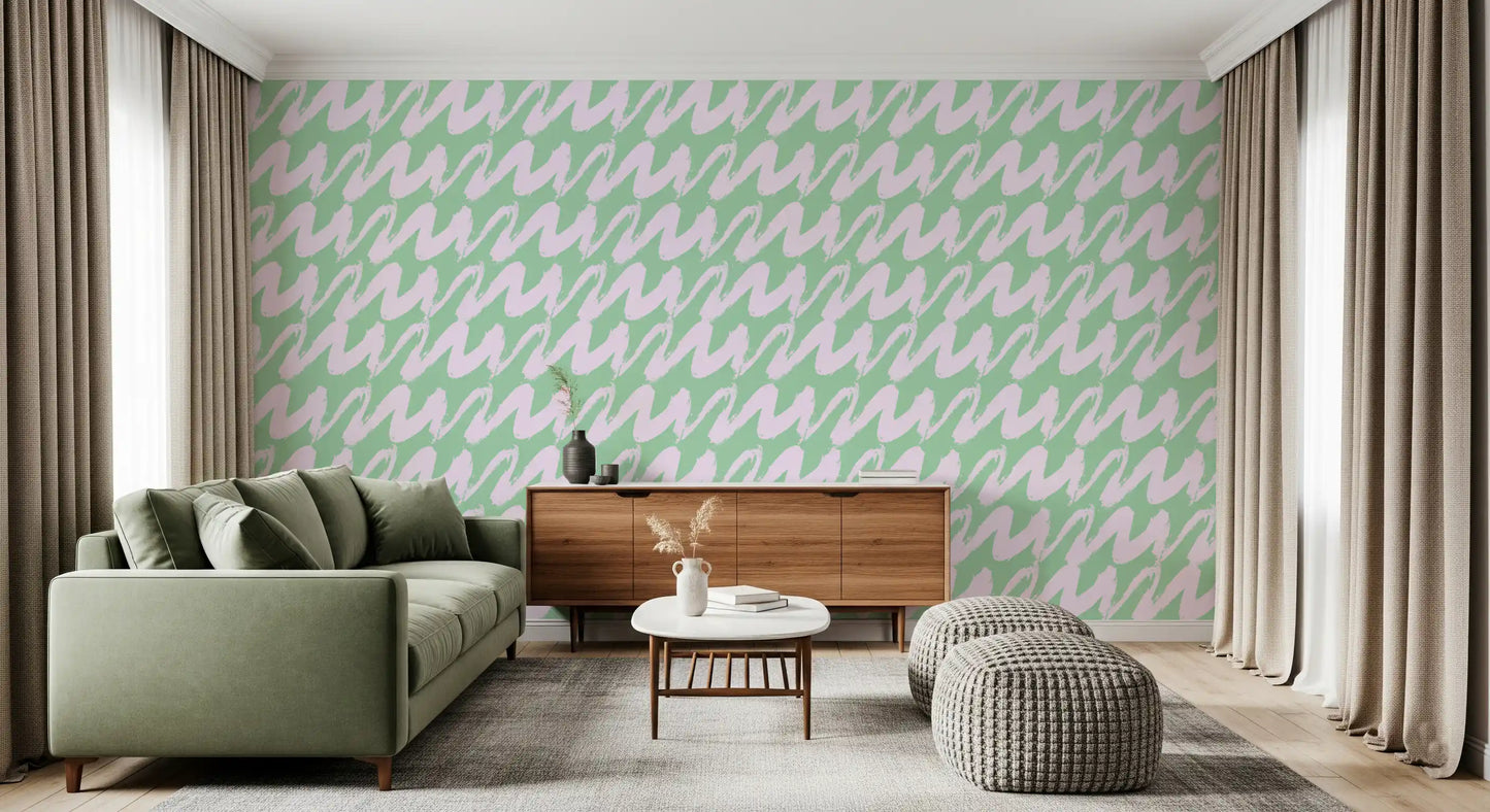 Soft Sage and Pink Wavy Brushstrokes Wallpaper⁠