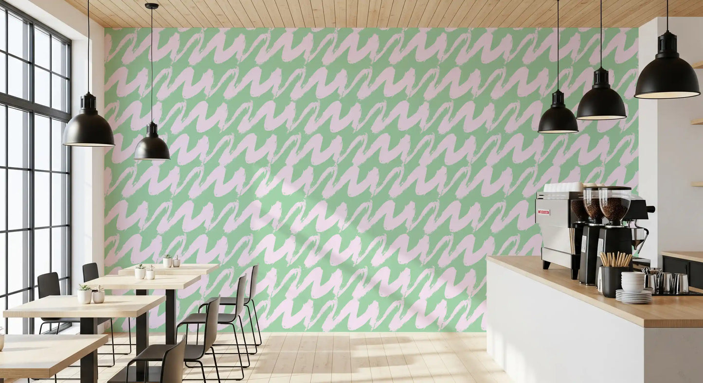 Soft Sage and Pink Wavy Brushstrokes Wallpaper⁠