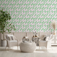 Soft Sage and Pink Wavy Brushstrokes Wallpaper⁠