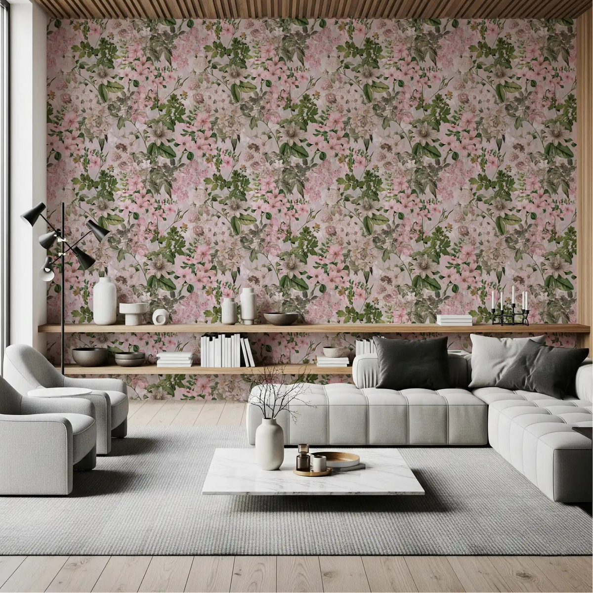 Faded roses warm a calm living room in this wallpaper GD11720
