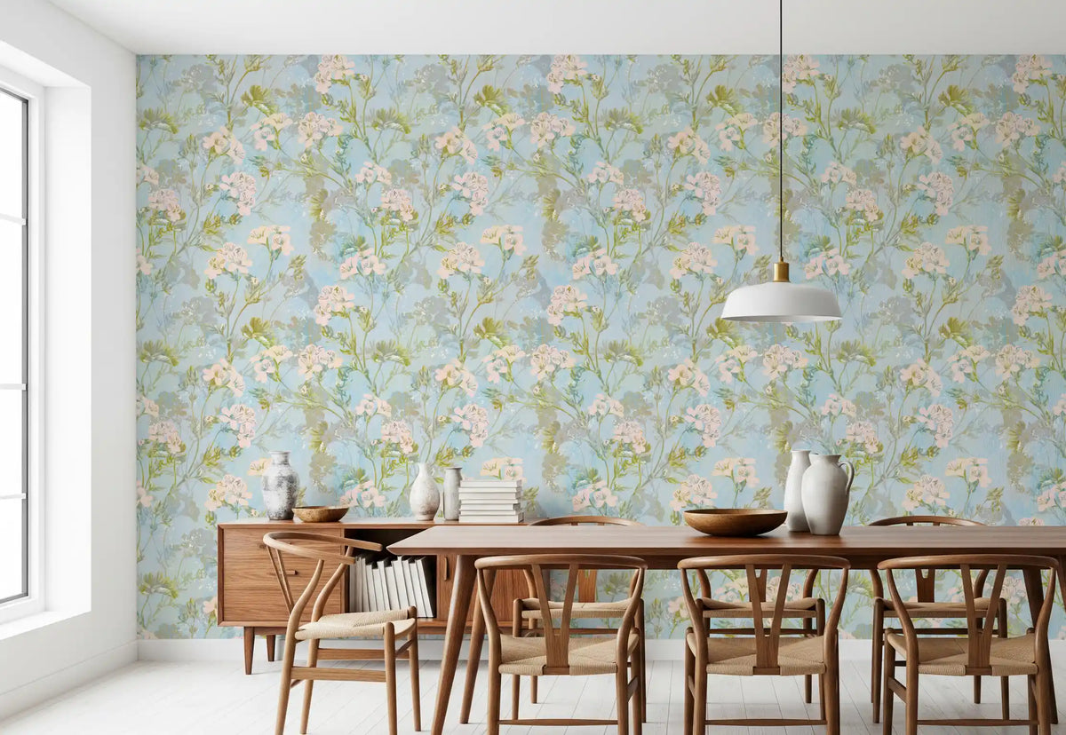 Watercolor meadow flora wallpaper gives a dining room a fresh feel GD11722
