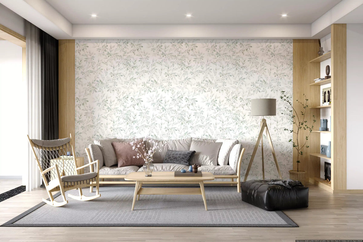 Ethereal Orchard florals lift a living room in green and white wallpaper GD11723
