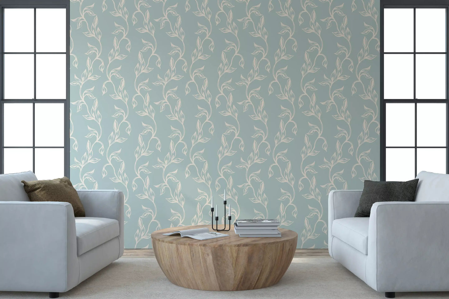 Sage Green and Cream Botanical Vine Wallpaper⁠