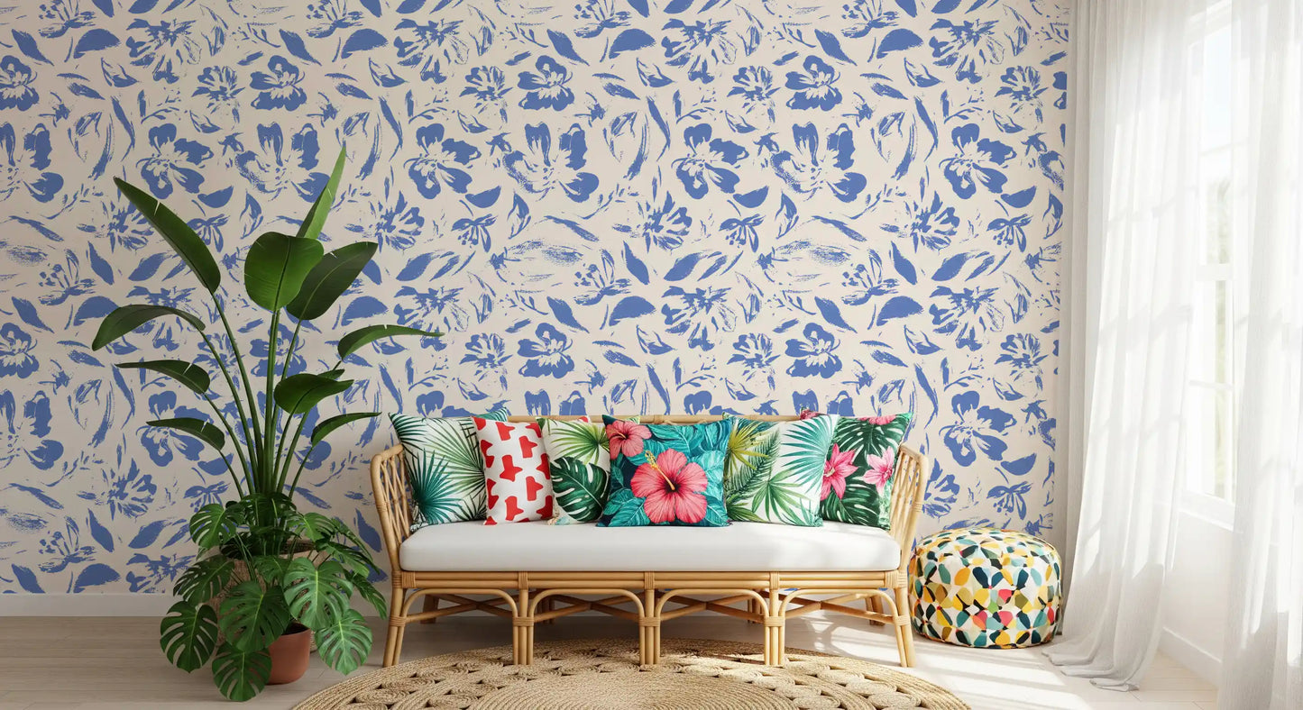 Cream and Cobalt Floral Wallpaper⁠
