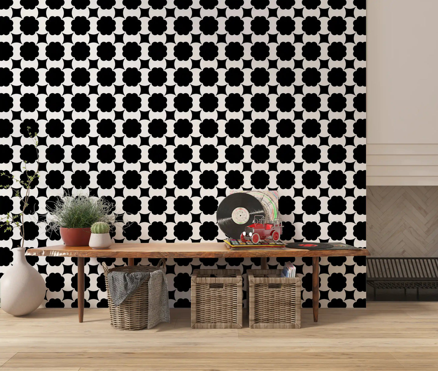Monochrome Floral Lattice Wallpaper⁠