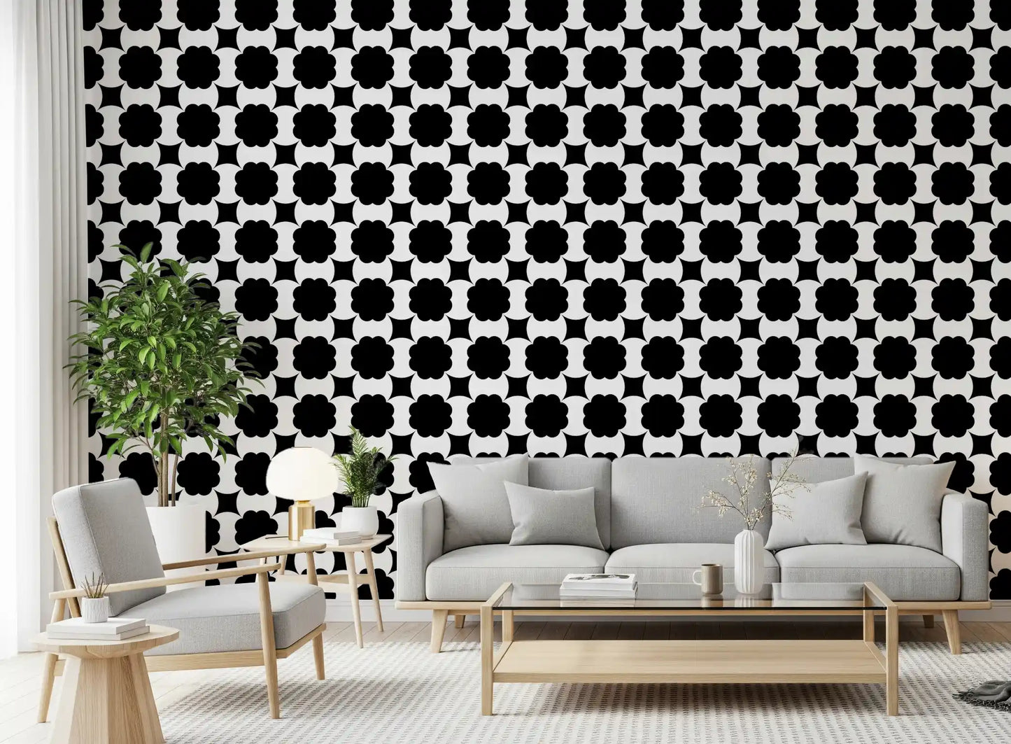 Monochrome Floral Lattice Wallpaper⁠