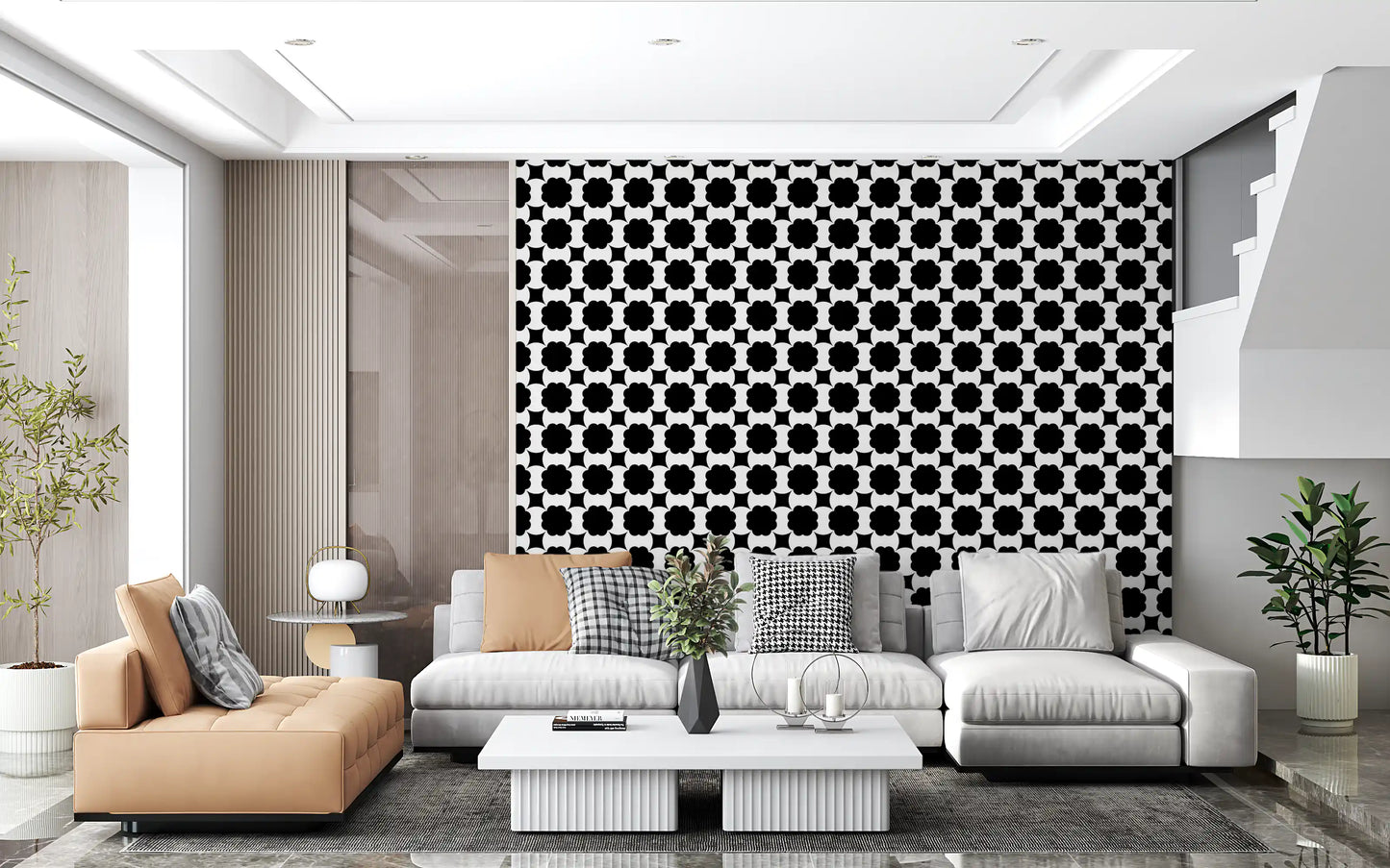 Monochrome Floral Lattice Wallpaper⁠
