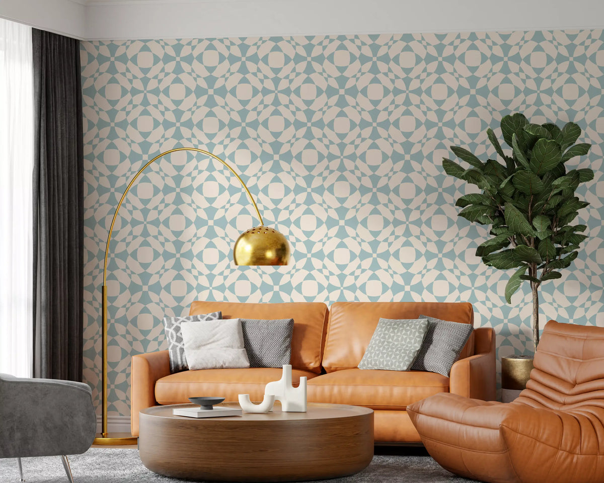 Muted blue curves calm a living room in this wallpaper GD11731
