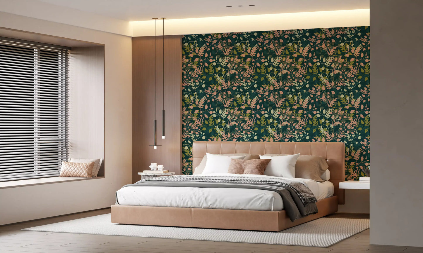 Midnight Garden Botanical Leaf Silhouette Wallpaper⁠