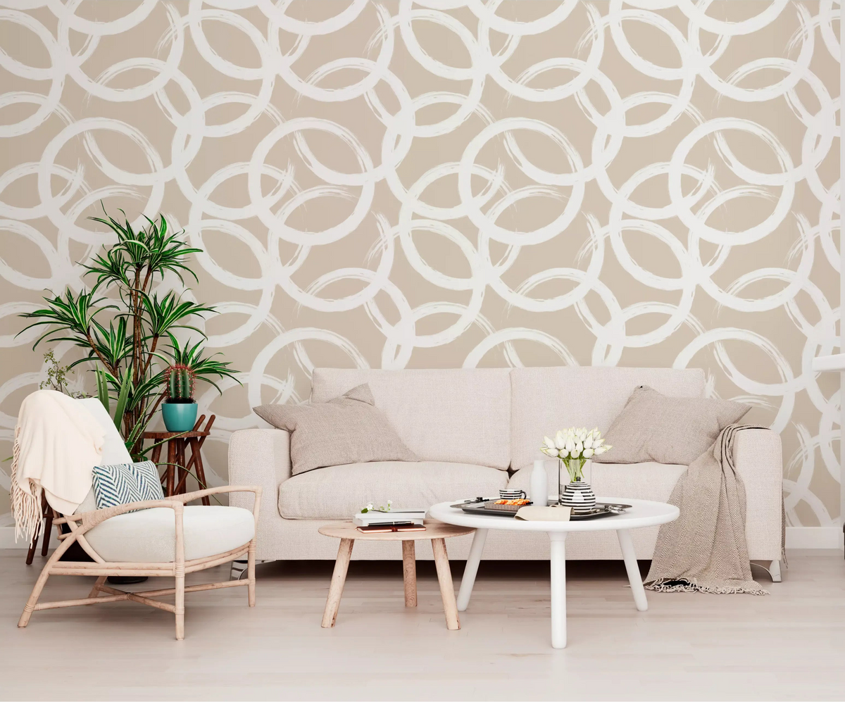 Cream Brushstroke Circles wallpaper keeps a living room calm and modern. GD11737
