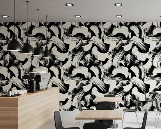 Monochrome Swirl Brushstrokes wallpaper fills a cafe area feature space, GD11739
