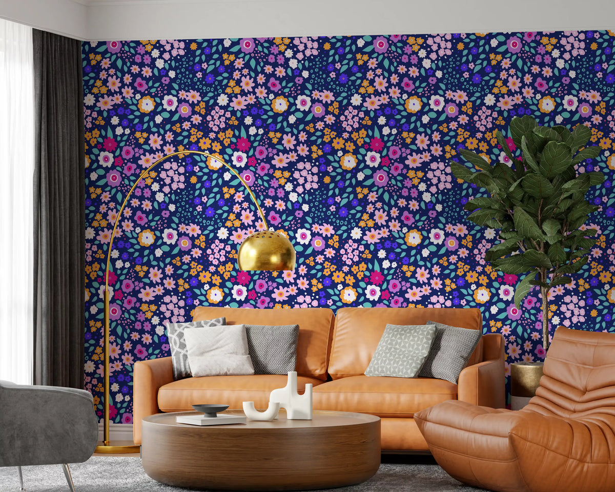 Deep navy florals wrap a calm living room in this wallpaper GD11741

