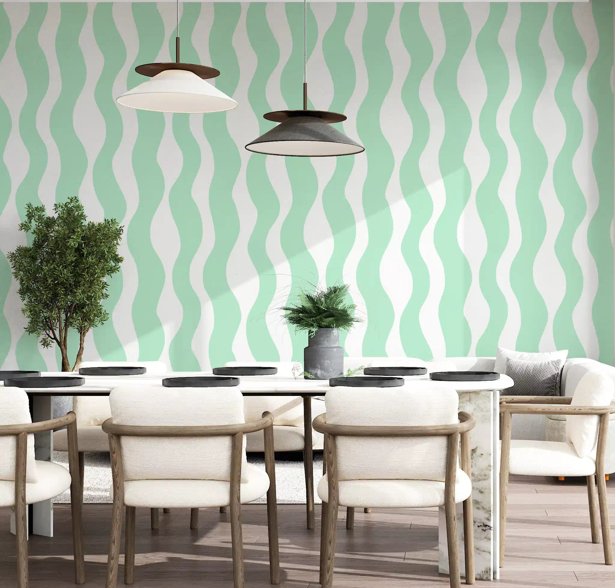 Soft Sage Wavy Vertical Stripe wallpaper runs behind a Dining room, GD11749
