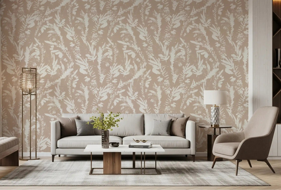 Cream leaf wallpaper warming a calm living room setup GD11752

