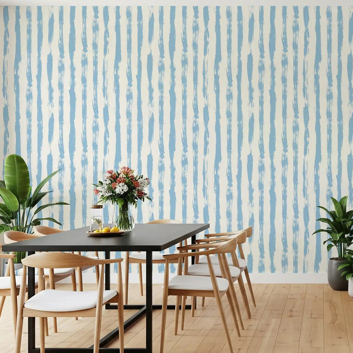 Coastal Blue Vertical Brushstroke Stripes wallpaper warms an open dining room GD11755
