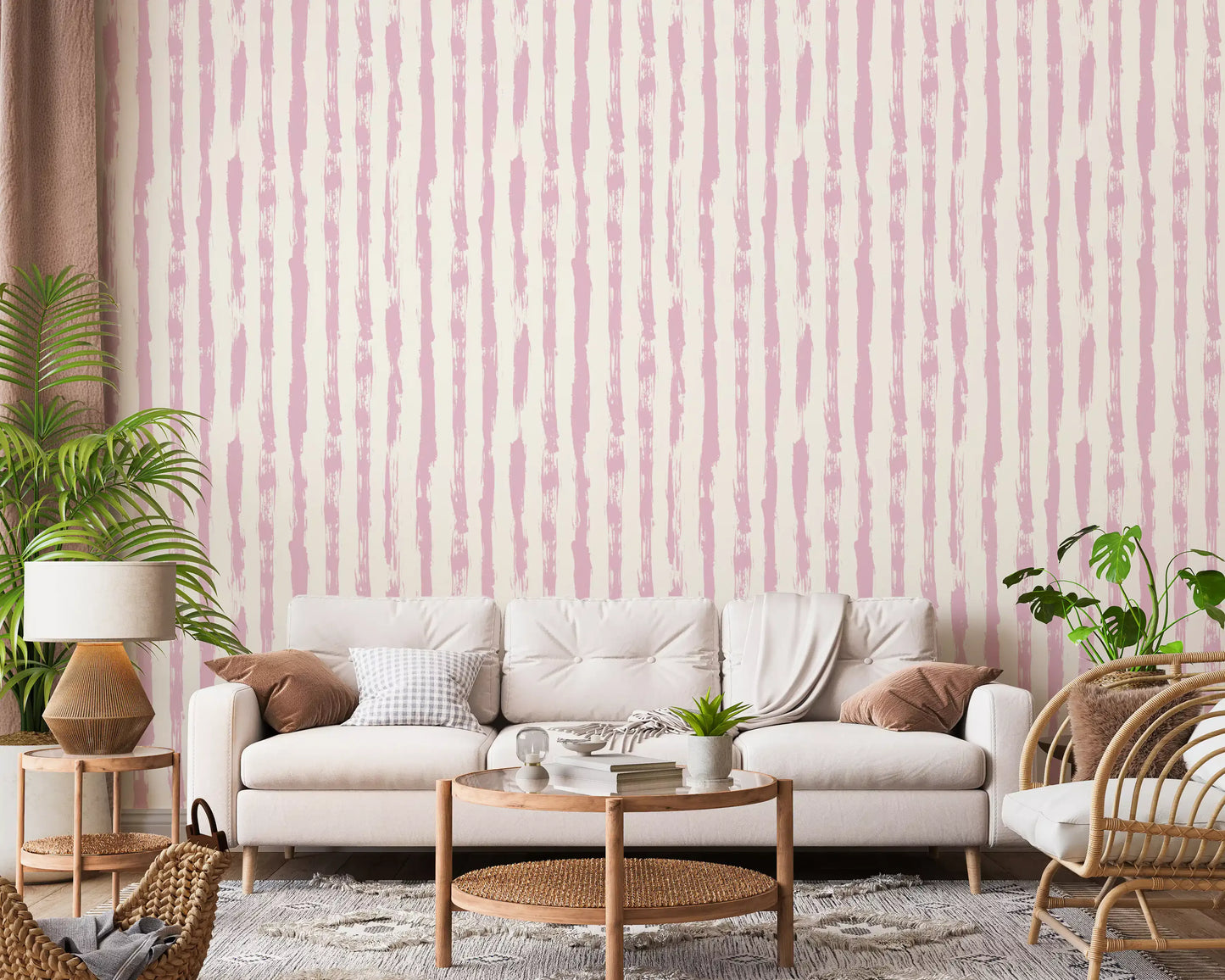 Soft Blush Hand-Painted Vertical Stripes Wallpaper⁠