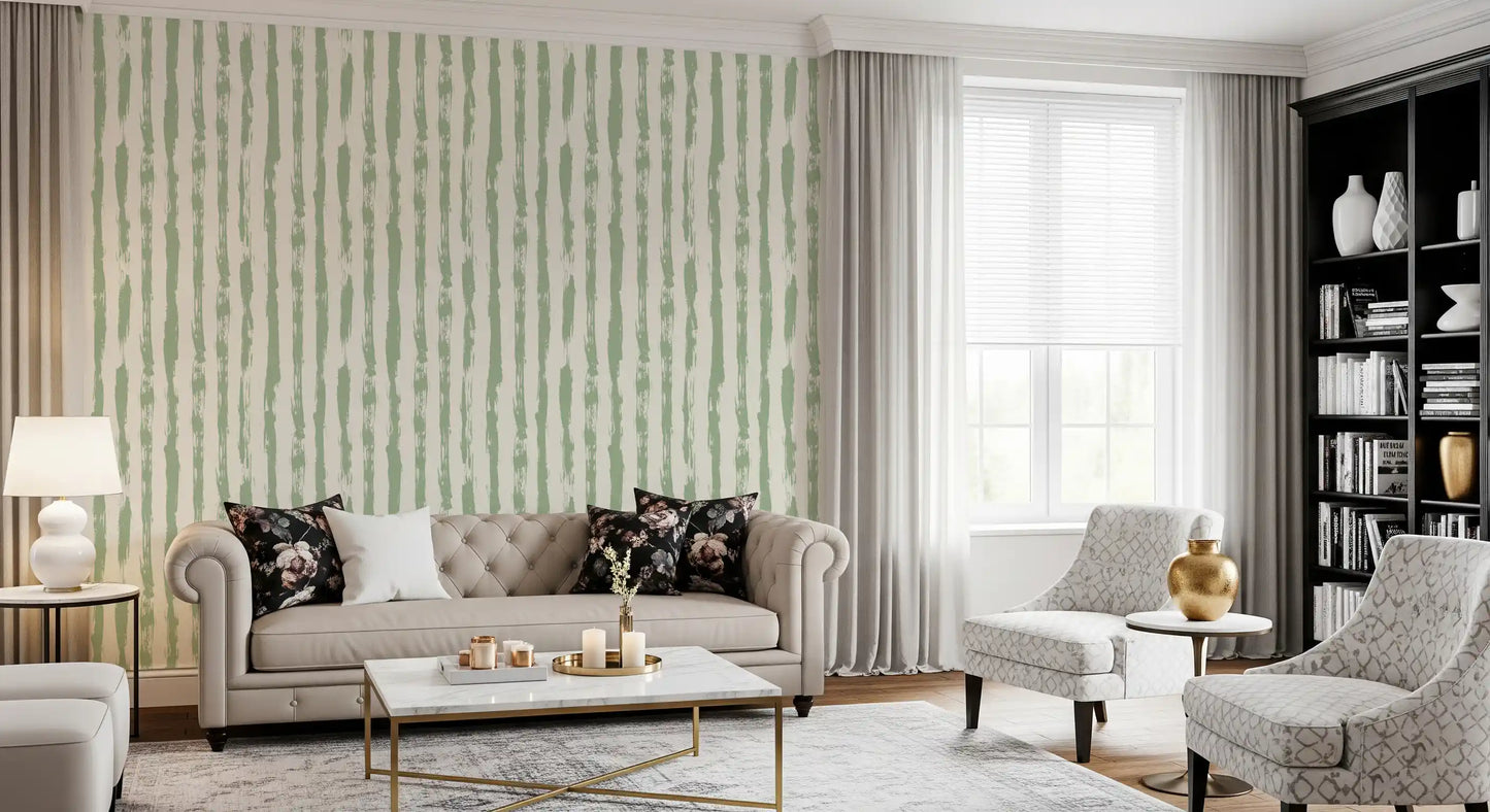Sage Hand-Painted Vertical Stripes Wallpaper⁠