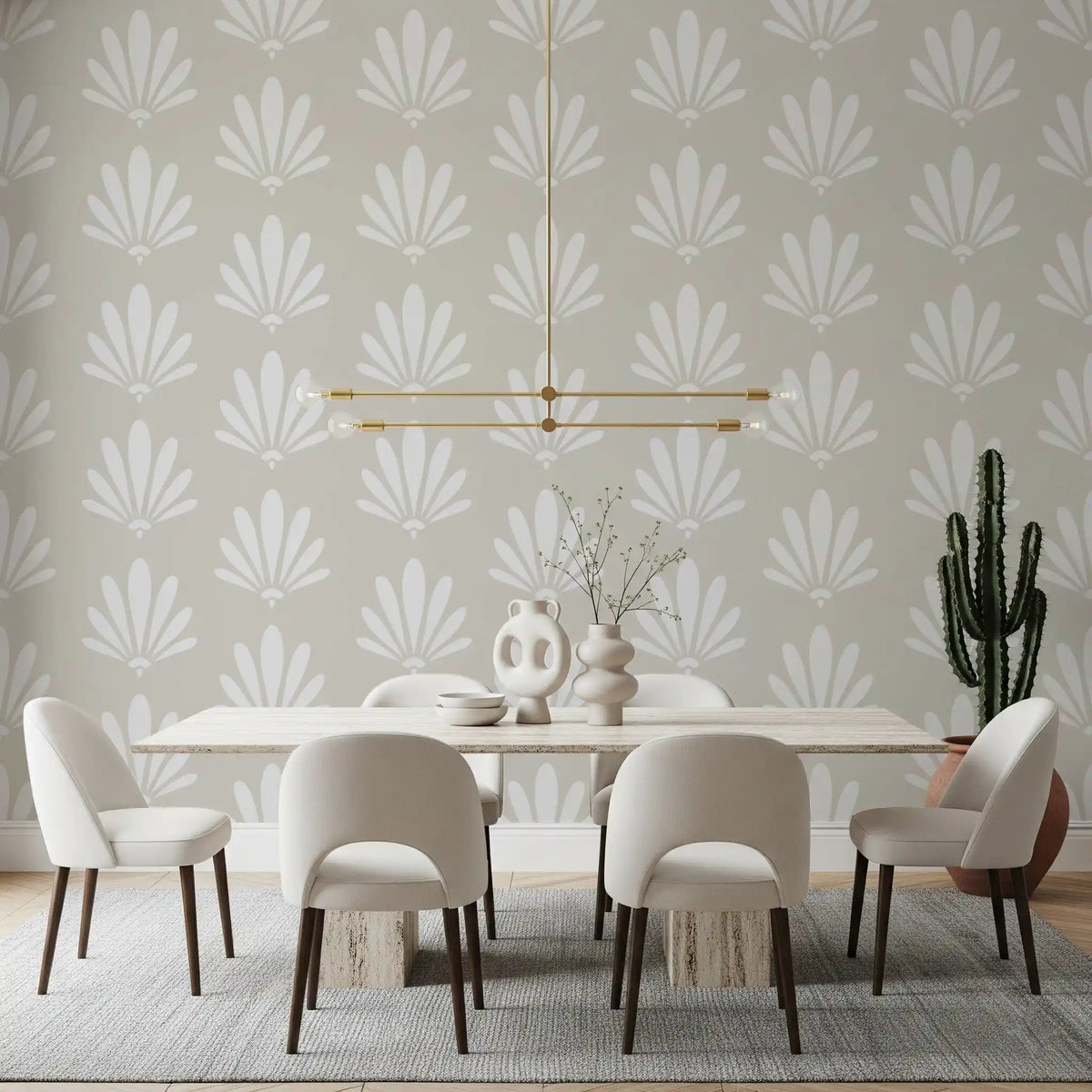 Calm dining room dressed in the Minimalist Fan Pattern wallpaper GD11759
