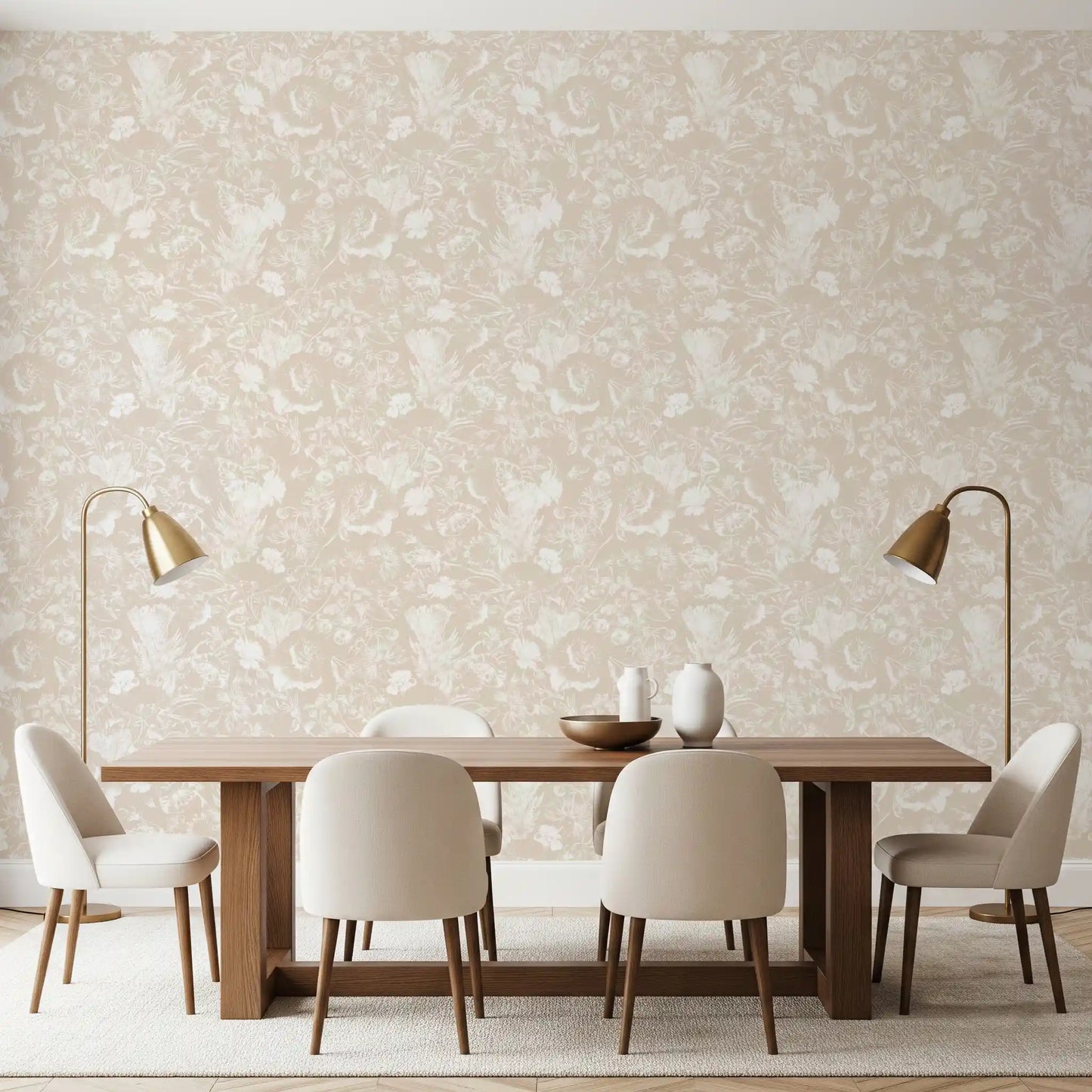 Cream Botanical Line Art Wallpaper⁠